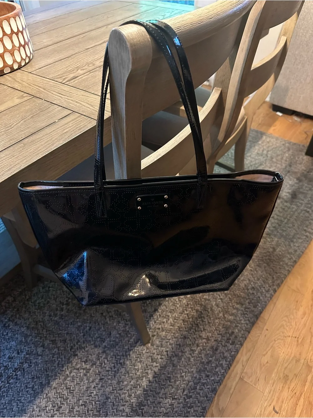 kate spade Black Patent Shoulder Tote with Perforated Pattern